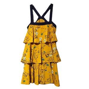 Entro Tiered Swing Mini Dress Sleeveless Bow Trim Floral Mustard Yellow Womens S